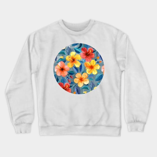 Colorful Watercolor Hibiscus on Grey Blue Crewneck Sweatshirt by micklyn